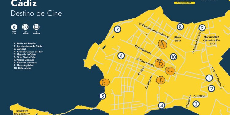 Un mapa de Cádiz recorre los lugares más emblemáticos donde se han rodado películas de Cine